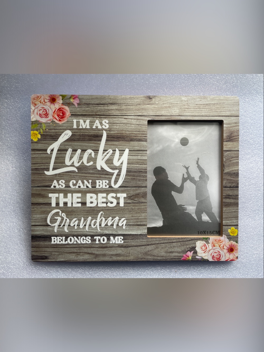 Woodgrain Floral Photo Frame - 'Lucky Grandma' Design - White Text